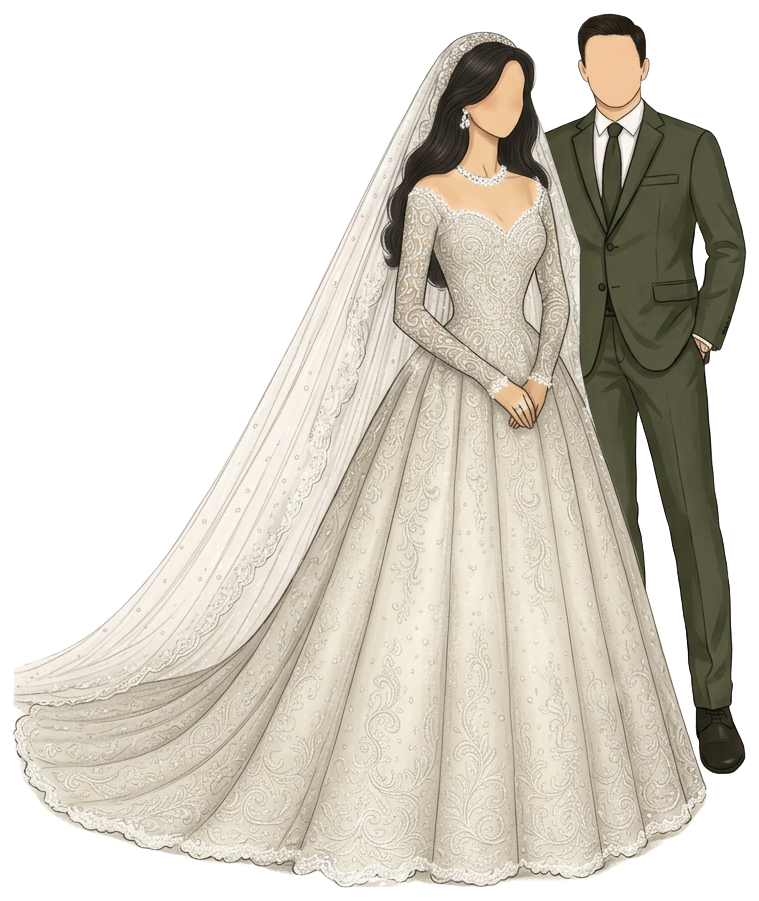 An illustrated bride and groom in ivory and olive wedding attire